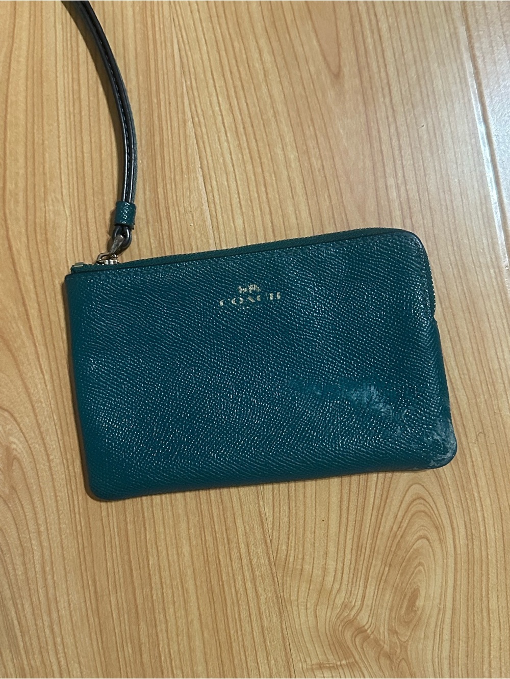 Coach Teal Pebbled Leather Wristlet with Gold Logo